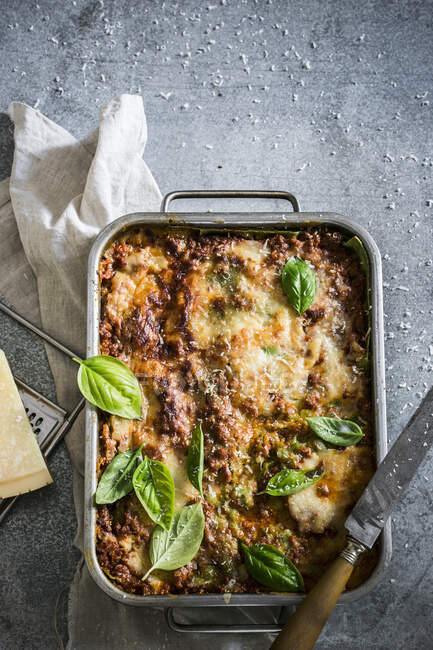 Homemade lasagna with spinach, parmesan and cheese. — Stock Photo