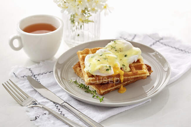 Waffle com gotejamento abriu ovos escalfados com molho e ervas — Fotografia de Stock