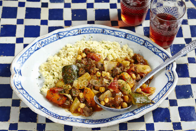 Couscous Bil Lham (Couscous with spicy beef, Tunisia) — Stock Photo