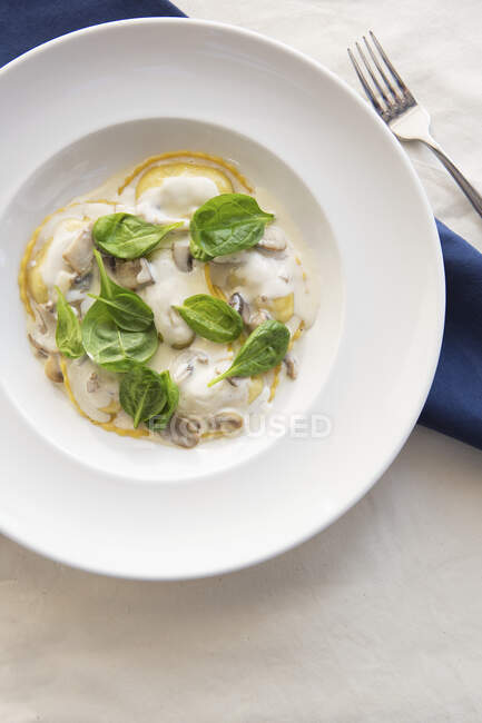 Ravioli Carbonara with Spinach leaves — Stock Photo