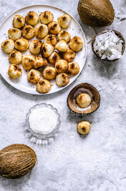 Plate of coconut biscuits with coconuts, shells and flakes — Foto stock