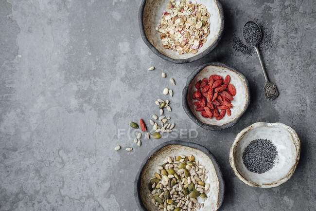 Oats, goji berries, chia seeds and nuts — Stock Photo