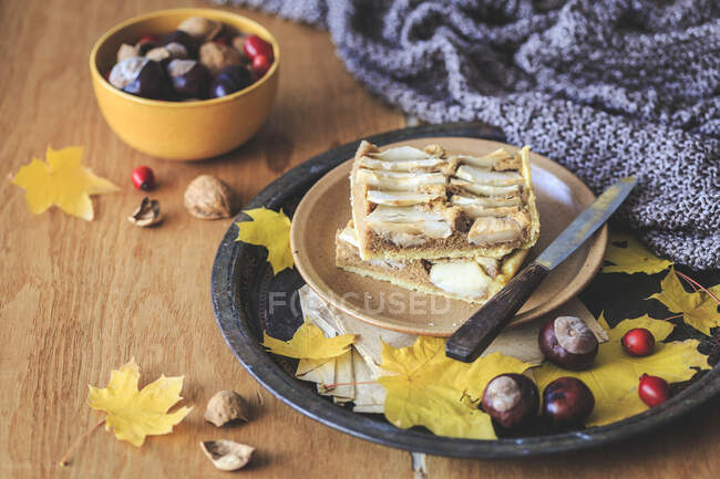 Close-up shot of delicious Slices of a apple walnut pie — Stock Photo