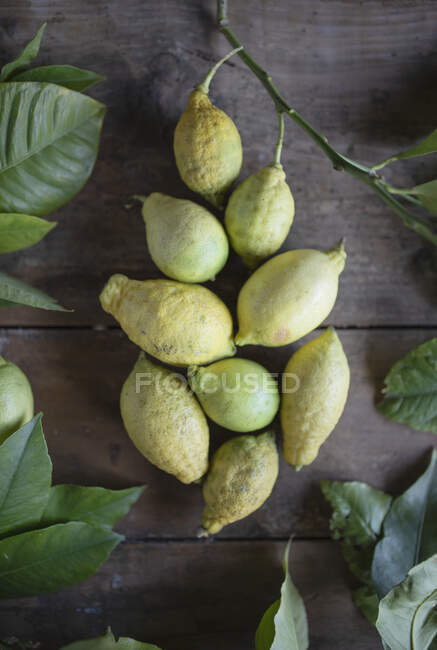 Citrons bio sur une table rustique en bois — Photo de stock