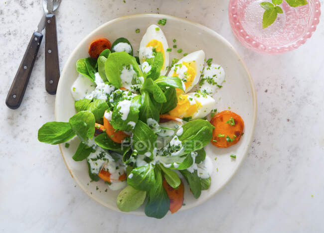 Lamb's lettuce with egg and carrots — Stock Photo