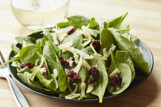 A spinach salad with goat's cheese cheddar and dried cranberries — Stock Photo