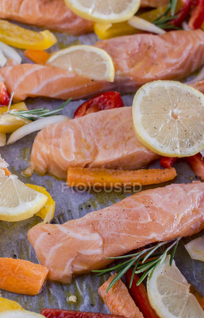 Лимонний лосось з перцем, морквою, оливковою олією і розмарином на випічці паперу. — стокове фото