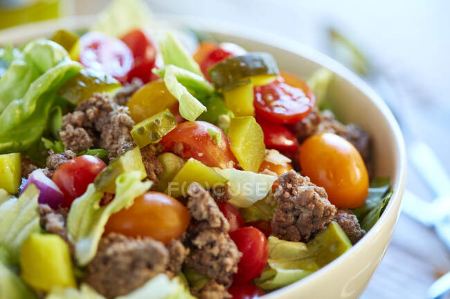 A hamburger salad with minced meat, lettuce, tomatoes, gherkins and cheese — Stock Photo