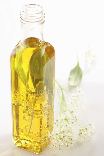 Wild garlic oil with fresh leaves — Stock Photo