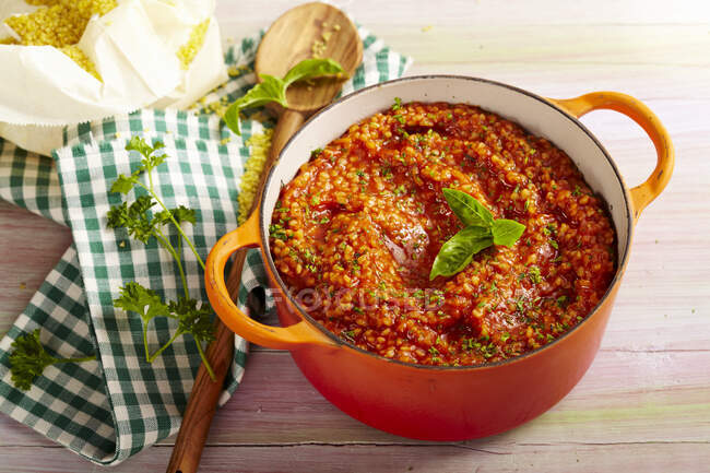 Vegetarian bulgur bolognese in a saucepan — Stock Photo