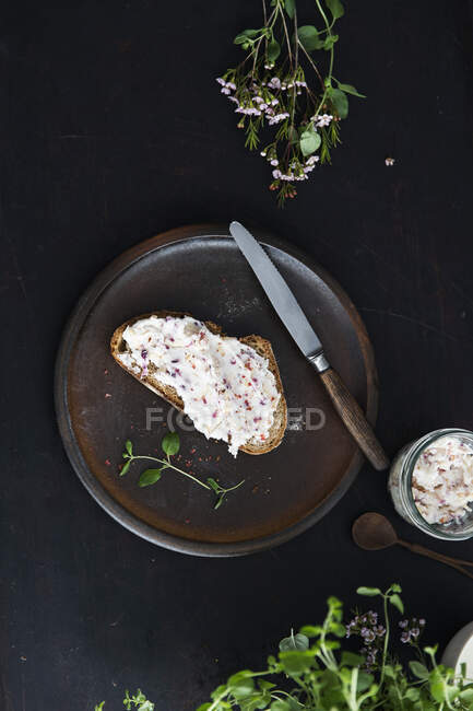 Hearty, vegan shea butter spread on bread with onion and apple — Stock Photo