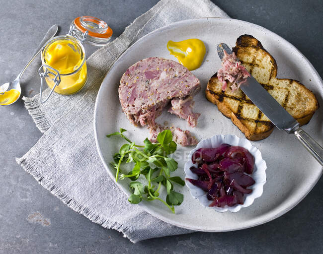 Course textured pate with watercress, red cabbage pickle and toasted brioche — Stock Photo