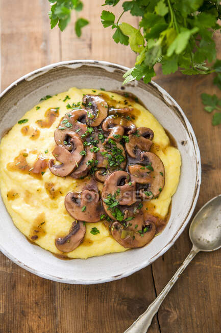 Creamy polenta with rosemary and red wine mushrooms — Foto stock