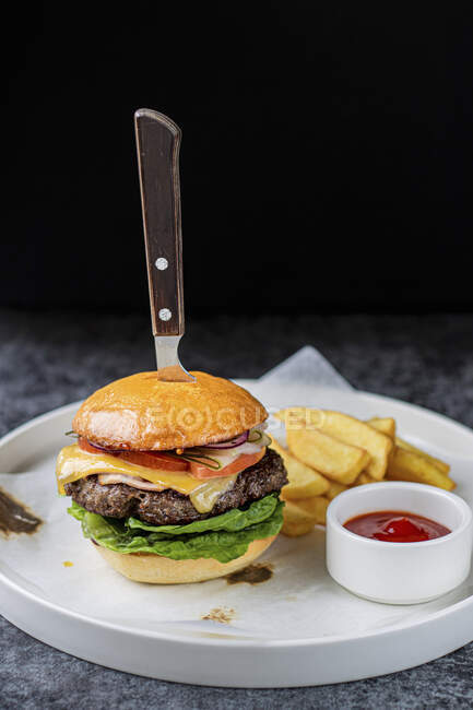 Burger con patatine fritte, primo piano shot — Foto stock