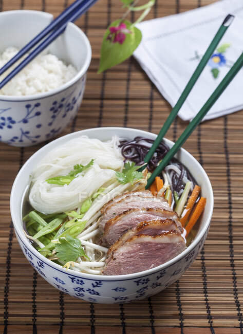 Vietnamese soup with glass noodles and duck breast — Stock Photo