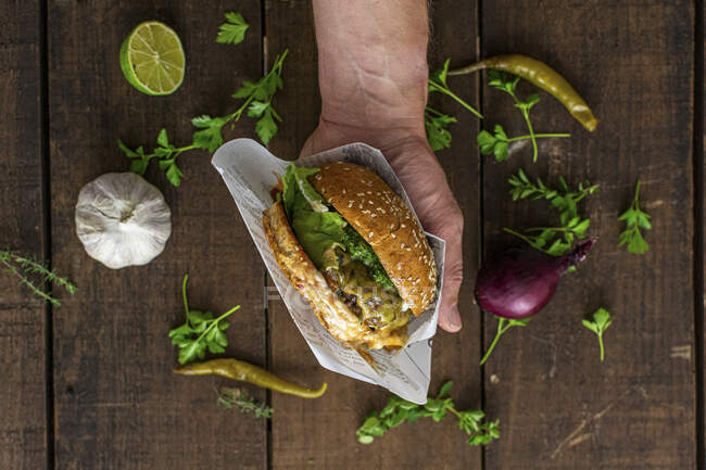 Chimichurri hamburger in mano, primo piano — Foto stock