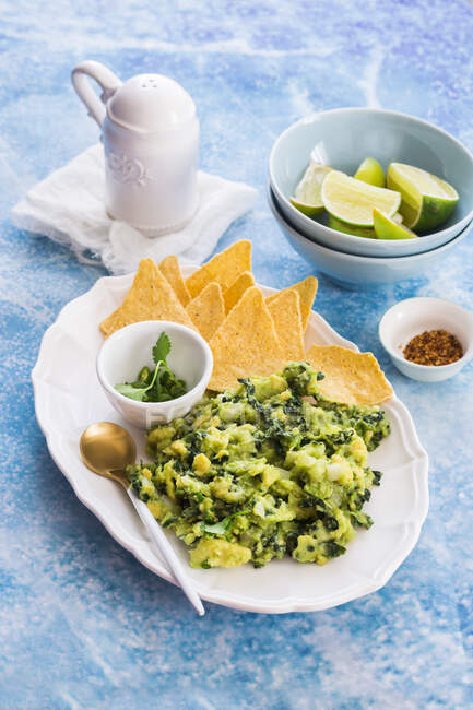 Kale guacamole with tortilla chips — Stock Photo