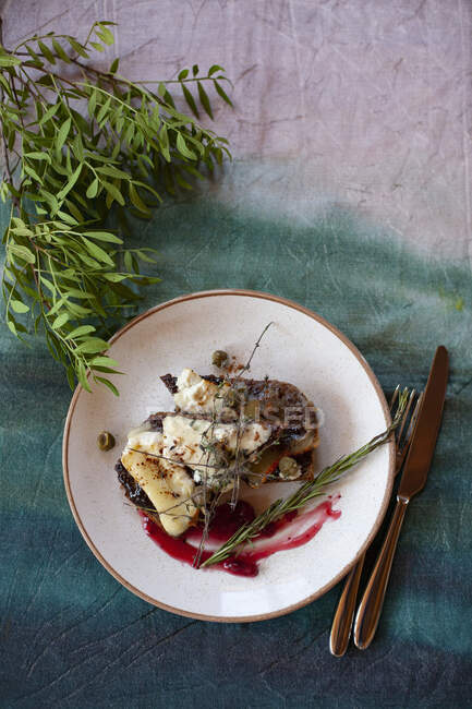 Bruschetta integrale con mozzarella, rosmarino e mirtilli rossi — Foto stock