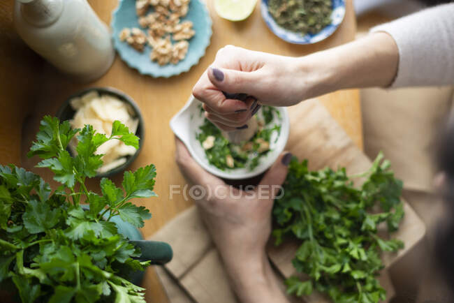 Pesto verde con prezzemolo e menta in un mortaio — Foto stock