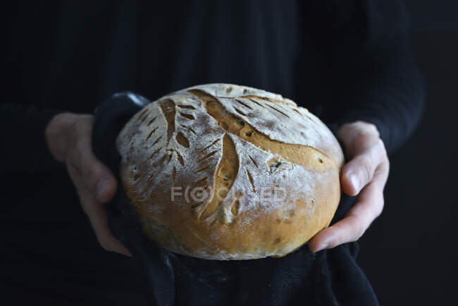 Close-up de delicioso pão em suas mãos — Fotografia de Stock