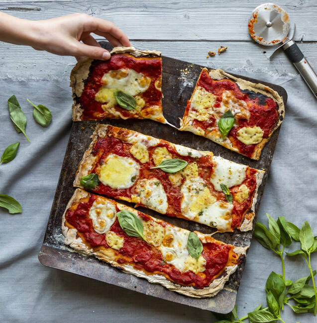 Pizza vegetariana caseira com massa de pão queijo mussarela crosta, tomate e manjericão — Fotografia de Stock