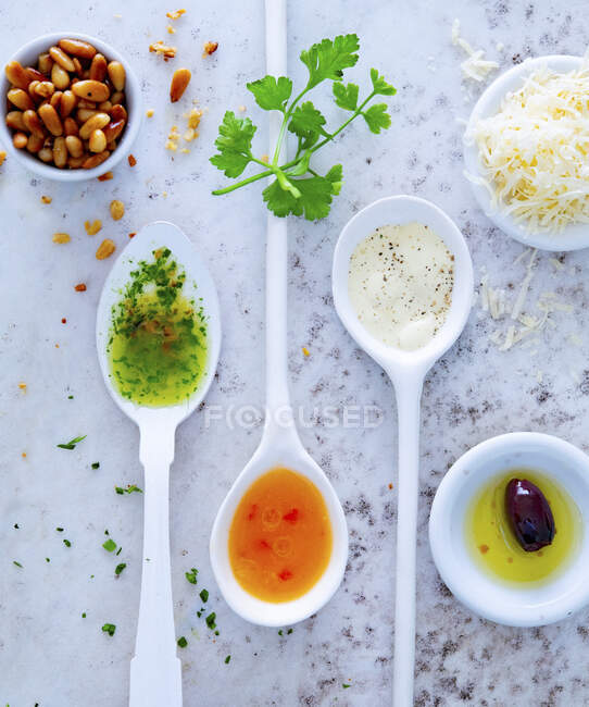 Соуси на ложках поруч з кедровими горіхами, тертий сир і оливкова олія — стокове фото