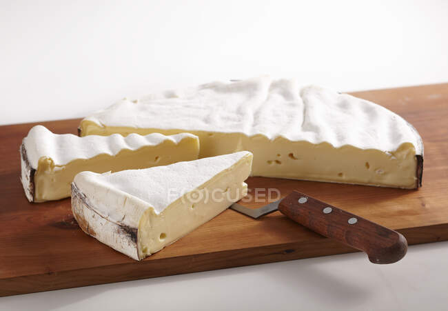 French soft cheese cut on wooden board with spatula — Stock Photo