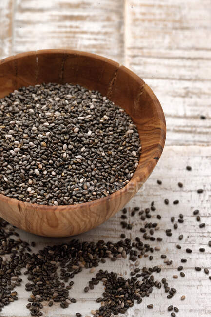 Chia seeds in a wooden bowl — Stock Photo