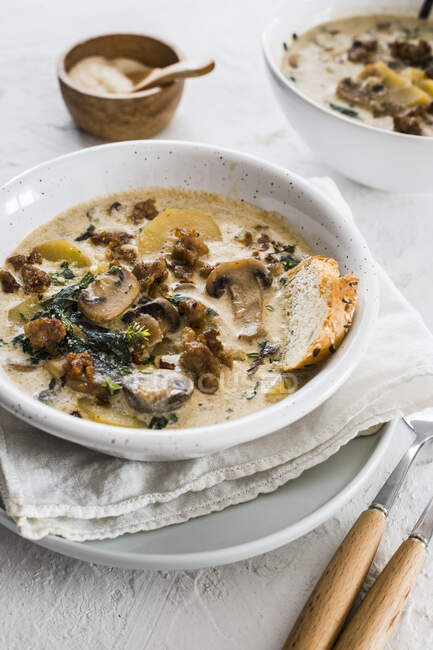 Mushrooms soup with kale and potatoes — Stock Photo