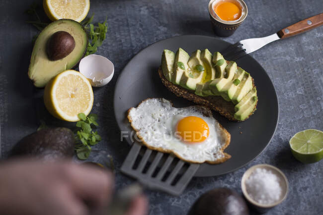 Un huevo frito y un pan integral con aguacate para el desayuno - foto de stock