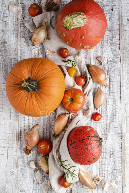 Pumpkins, shallots, garlic and tomatoes — Stock Photo