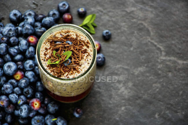Close-up shot of delicious Blueberry chocolate milkshake in jar — Stock Photo