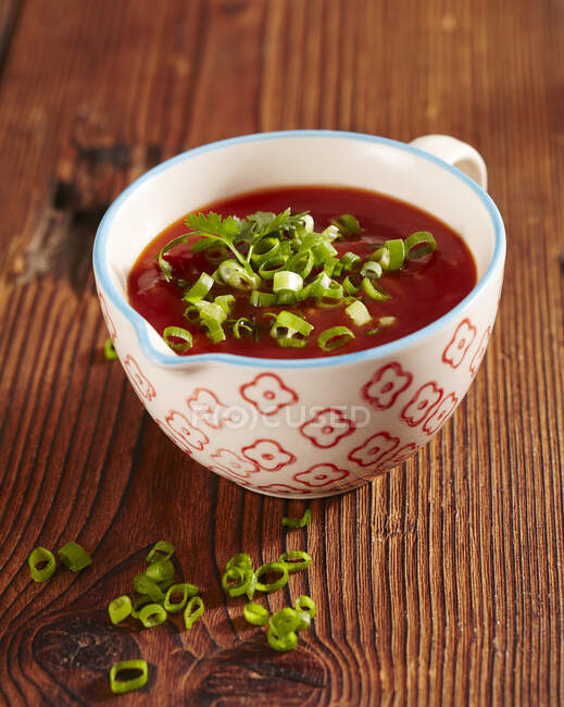 Сладкий и кислый соус фондю с весенним луком, кетчупом, уксусом и имбирем — стоковое фото