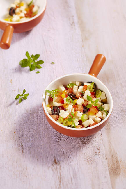 Салат из моцареллы с помидорами, весенним луком, перцем, оливками и базиликом — стоковое фото