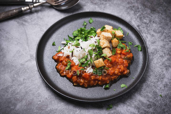 Lenteja vegana y zanahoria boloñesa con tofu frito y arroz salvaje y mezcla de basmati - foto de stock