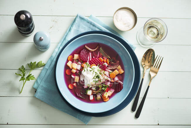 Свекольный суп с овощами и сметаной — стоковое фото