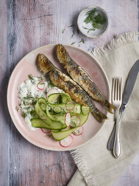 Grilled sardines with pickled cucumber — Stock Photo