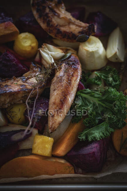 Chicken fillets with oven-roasted vegetables — Stock Photo