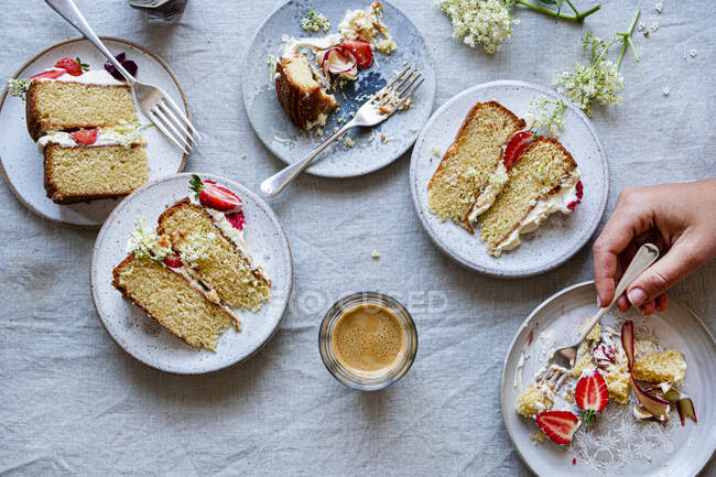 Tarta y rebanadas de pastel en platos pequeños - foto de stock