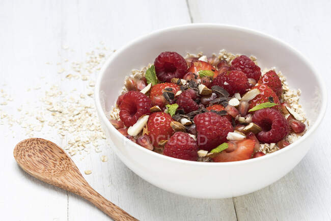 Haferbrei mit roten Beeren, Granatapfelkernen und Nüssen — Stockfoto