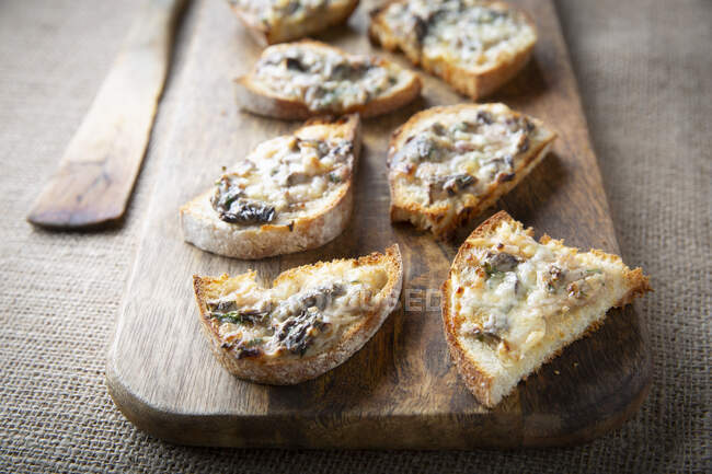 Champiñones de invierno con queso sobre pan tostado - foto de stock