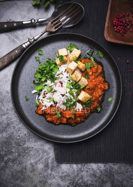 Vegan lentil and carrot bolognese with fried tofu and wild rice and basmati mixture — Stock Photo