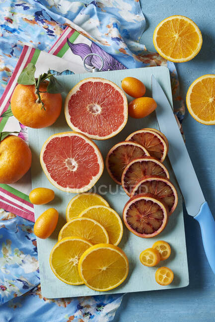 Diversos cítricos: mandarinas, pomelos rosados, kumquats, naranjas y naranjas de sangre - foto de stock