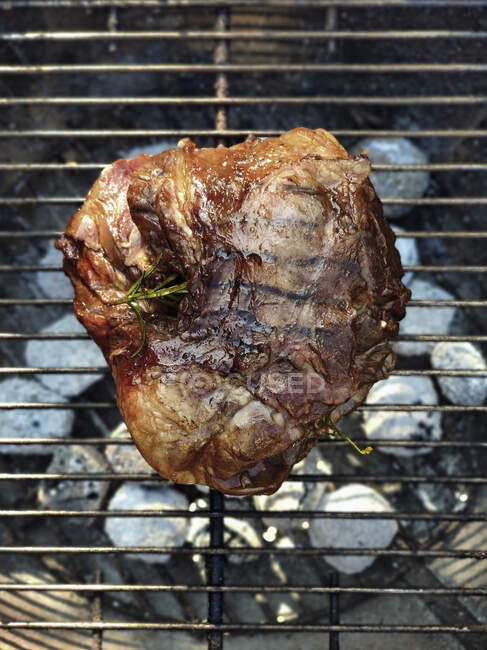 Grilled leg of lamb on grill rack in sunlight — Stock Photo