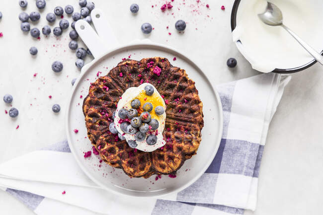 Pumpkin waffles with blueberries and yoghurt — Stock Photo