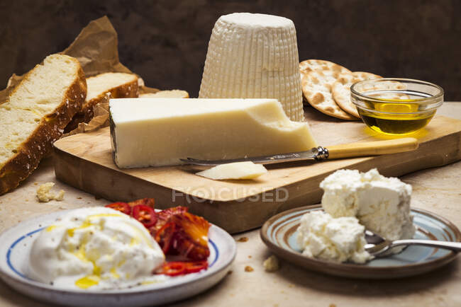 Cheese platter with olive oil and bread — Stock Photo