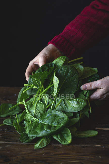 Fresh green spinach in a wooden bowl on a black background. — Stock Photo