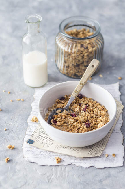 Bowl of homemade granola with plant milk — Stock Photo