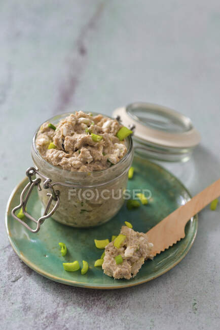 Pasta di pesce con erba cipollina in mini vaso — Foto stock