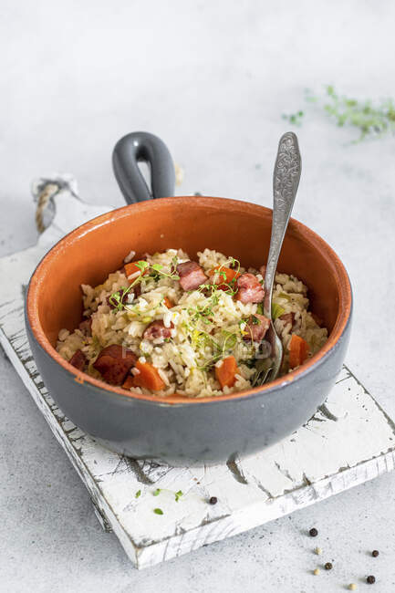 Rice dish with sausages, carrots and herbs — Photo de stock